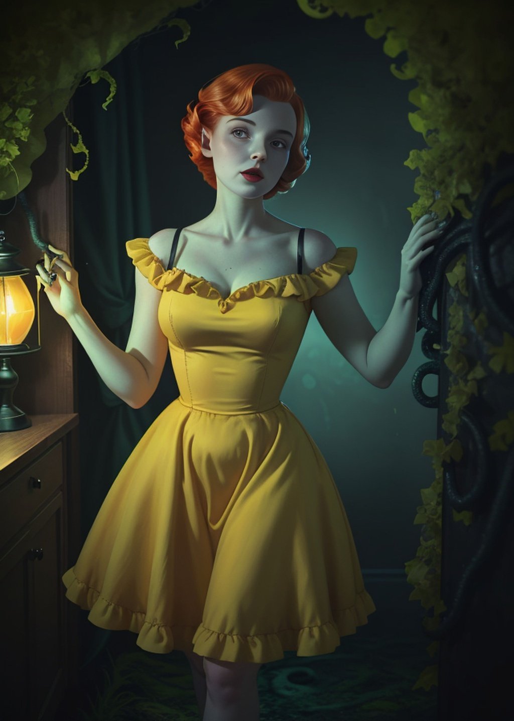 Prompt: 1950s suburbia, an image of a woman in a yellow dress, torn cosmo magazine style, muted palette, smooth bioluminescent skin, female thief, pulp horror aesthetic, vegetation tentacles, redhead woman, vibrant dark mood, in the style of Spicy Mystery Magazine