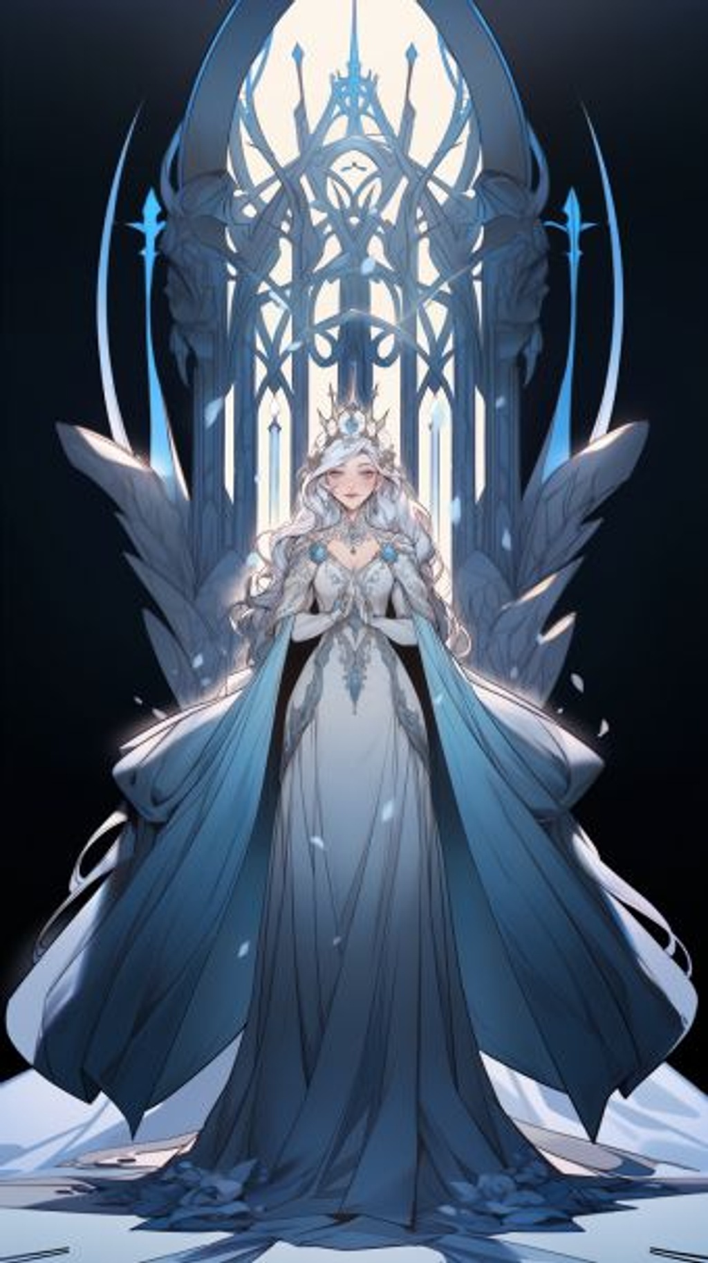 Prompt: A beautiful Queen, with long light blue hair, an elegant dress, an ornate crown and dress that flows to the ground, bright blue eyes, intricate jewerly, a snow white empire behind her, stoic, beautiful, breath taking --iw 1.2 --ar 9:16 --style expressive --upbeta --niji 5