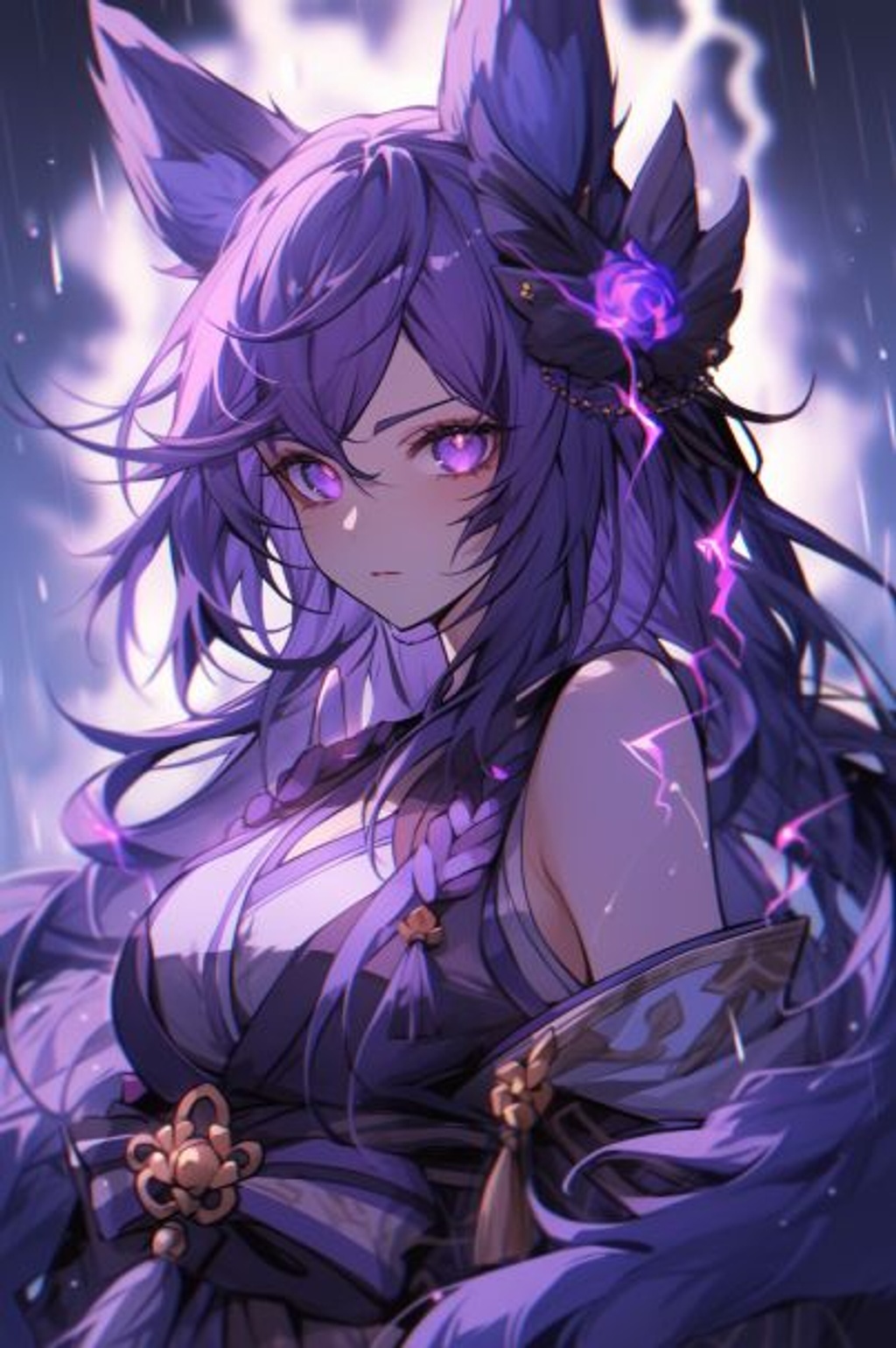 Prompt: a fierce fighter standing in a hail of electric bolts, bright blue eyes, double braided purple hair with long real purple fox ears, genshin impact, purple jewelry, cool pose, bravado --ar 2:3 --q 2 --upbeta --niji 5