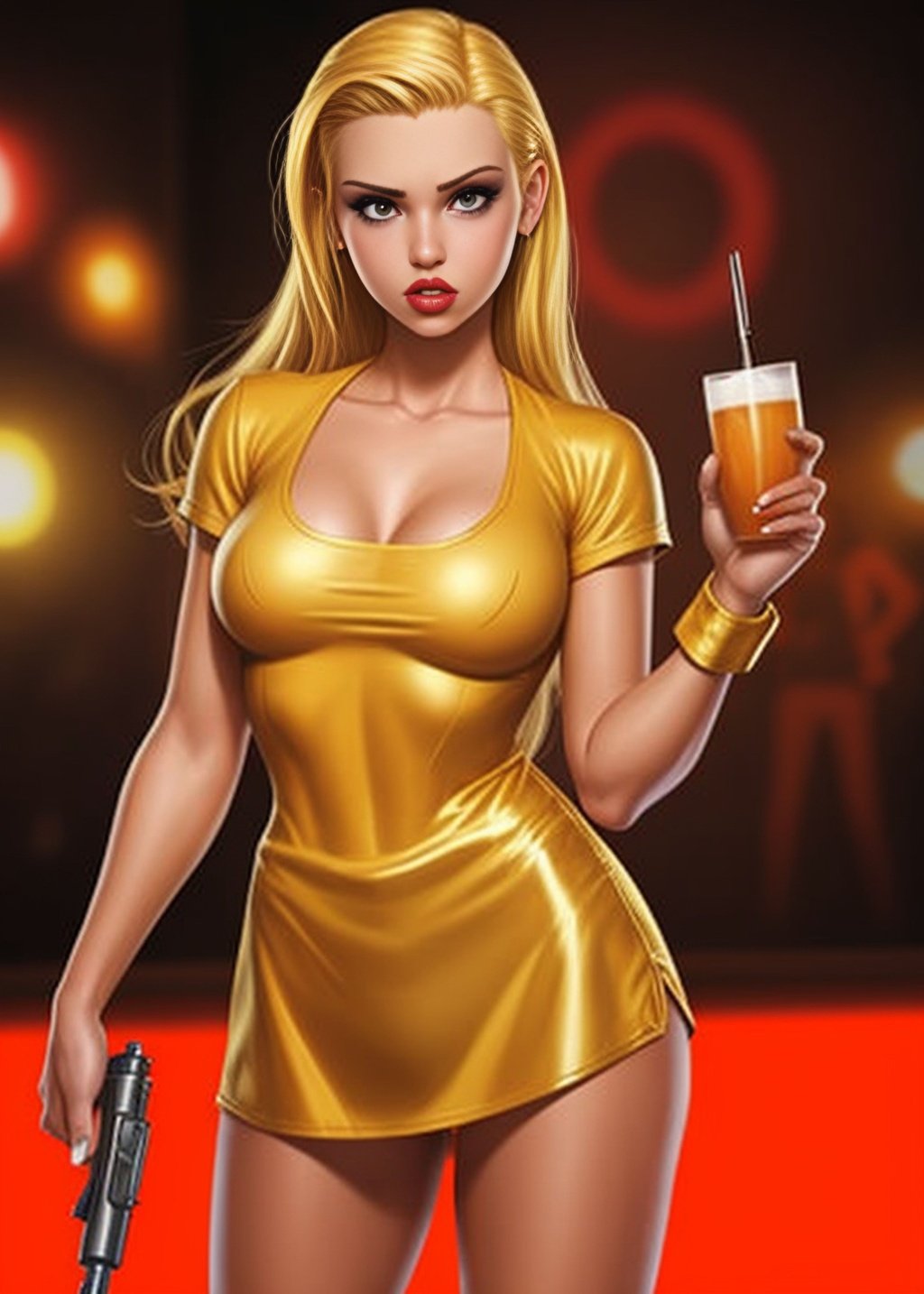 Prompt: 2000s aesthetic, a cartoon picture of a woman, as illustrated in top cow comics, ( waitress ) girl, by Nuno Gonçalves, gold shirt, gun auction, gluttony, dvd cover, by Andrew Robinson, a blond, filthy streets, dc comic