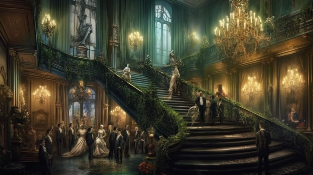 Prompt: haunted titantic ballroom/the grand staircase covered in weeds kelp decay, with beautiful turn of the century ghosts (see through) with ghastly auras having a party and enjoying themselves, turn of the century clothing, contrast, --ar 16:9 --q 2 --upbeta --v 5.1