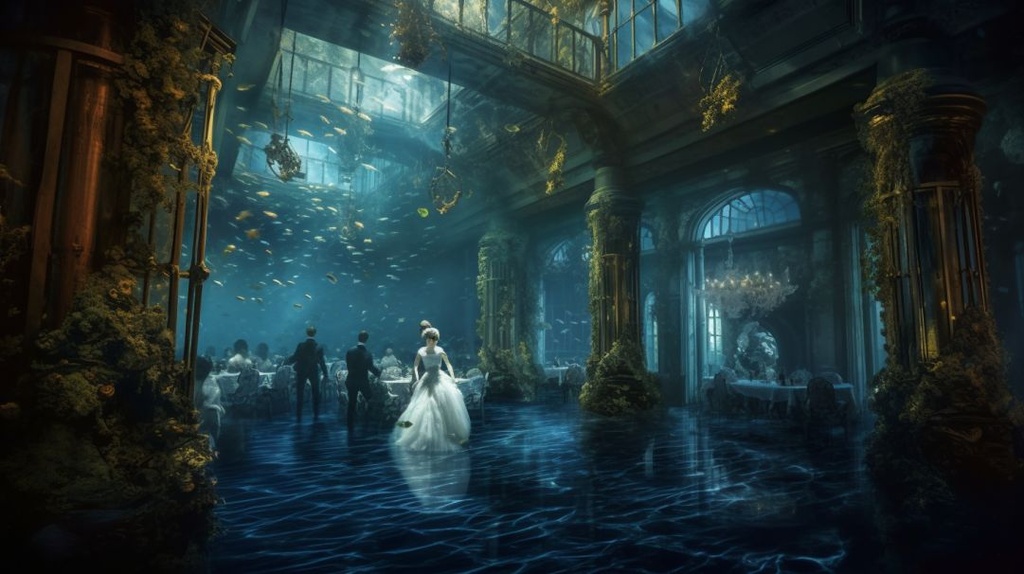 Prompt: haunted titantic ballroom covered in weeds kelp decay, with beautiful turn of the century ghosts with ghastly see through auras having a party and enjoying themselves, turn of the century clothing, contrast, under the ocean, blue water tint --ar 16:9 --q 2 --upbeta --v 5.1 