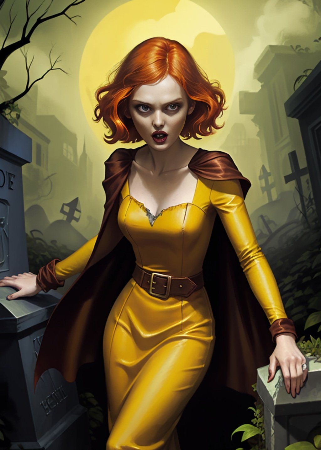 Prompt: pulp magazine cover, torn cosmo magazine style, by Jean Messagier, redhead female thief in a yellow dress, smooth bioluminescent skin, wearing a brown cape, inside a tomb, zombie reaching out of a grave, vegetation tentacles, roaring twenties, muted palette mostly white, vibrant dark mood, foster