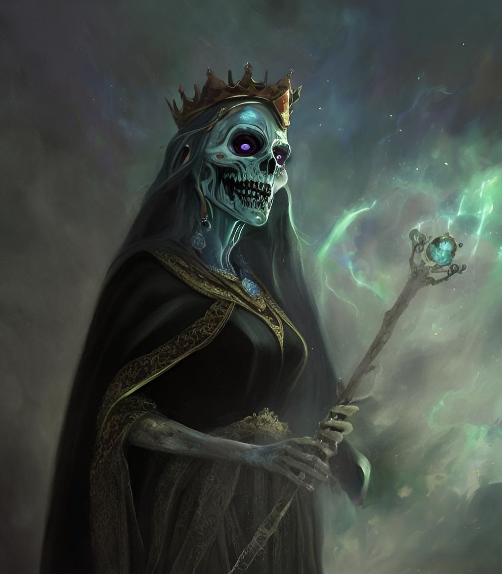 Prompt: oil painting, dark wooden magic staff, hand holding staff, neutral nail polish, undead lich, wearing black robes, female lich, wearing gold crown, 