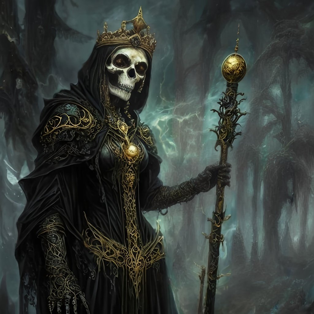 Prompt: oil painting, gloved hand holding staff, golden crown, hood, wearing ornate black robes and cloak, skull, closed skeleton hand fist, glowing eyes, female undead lich, gold crown, hand holding magic staff, neutral nail polish, golden magic staff with crystal on top