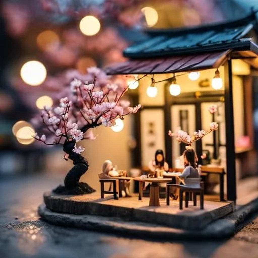 Prompt: Tiny wooden cherry blossom bonsai cafe with string lights 