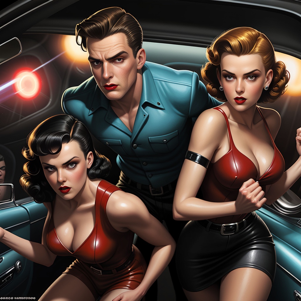 Prompt: highest quality pulp art illustration by Catherine Abel, old retro pulp noir comic cover. 50s, a painting of a man and a woman in a car, chasing a robber down a street, high speed action, dodging bullets, acab, hollywood promotional image, cd cover artwork, dvd cover, pixiv fontpage, Ultra sharp. Official art