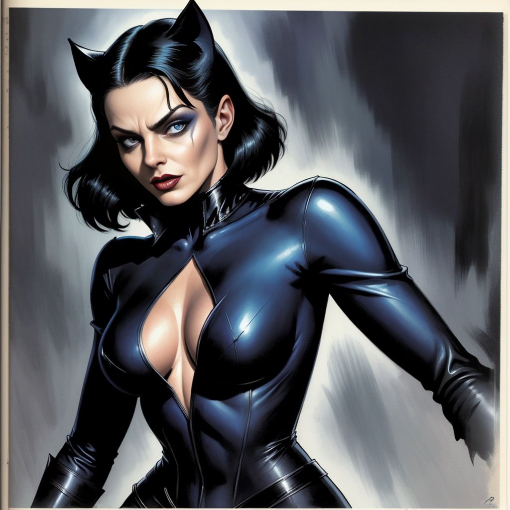 Prompt: highest quality, pulp art, Creepy Comics to give you the creeps collector's edition cover illustration by Neal Adams, gothic catwoman from batman, gotham city, highly-detailed symmetric face, ultra sharp, official art, style of Warren Publishing