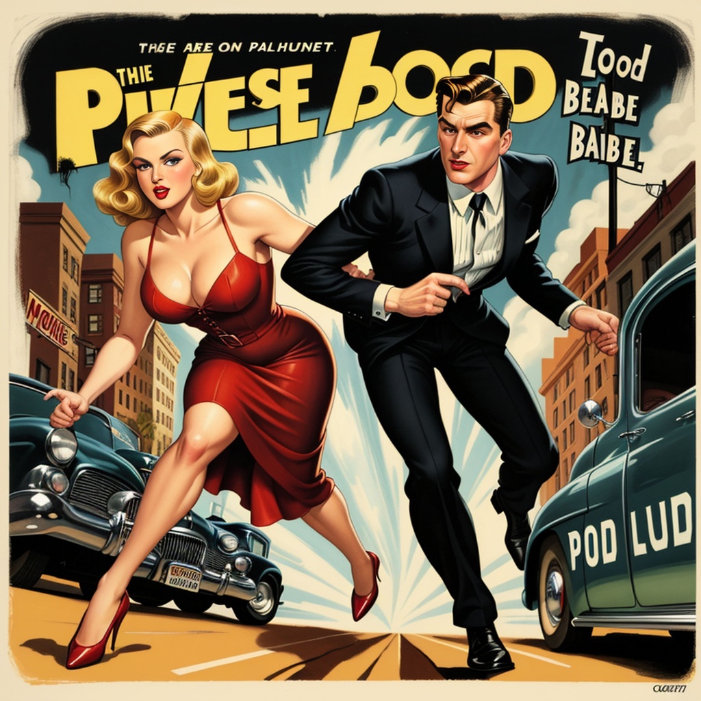 Prompt: highest quality pulp art illustration by Catherine Abel, old retro pulp noir comic cover. 50s, a painting of a man and a woman in a car, chasing a robber down a street, high speed action, dodging bullets, acab, hollywood promotional image, cd cover artwork, dvd cover, pixiv fontpage, Ultra sharp. Official art