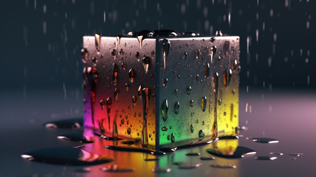 Prompt: layer 1 [3d cube with movie scenes] layer 2 [water droplets] layer 3 [rainbow tinted metall]