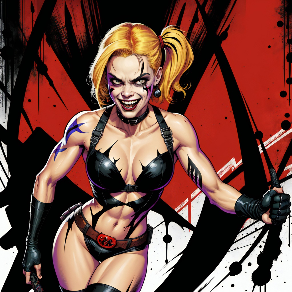 Prompt: official art, Rafael Albuquerque's highest quality comic cover line art illustration of Harley Quinn, blonde hair, gotham city, manic grin, 1970s punk-nouveaux-gothic aesthetic, style of DC Comics, cinematic, epic composition, inked-art