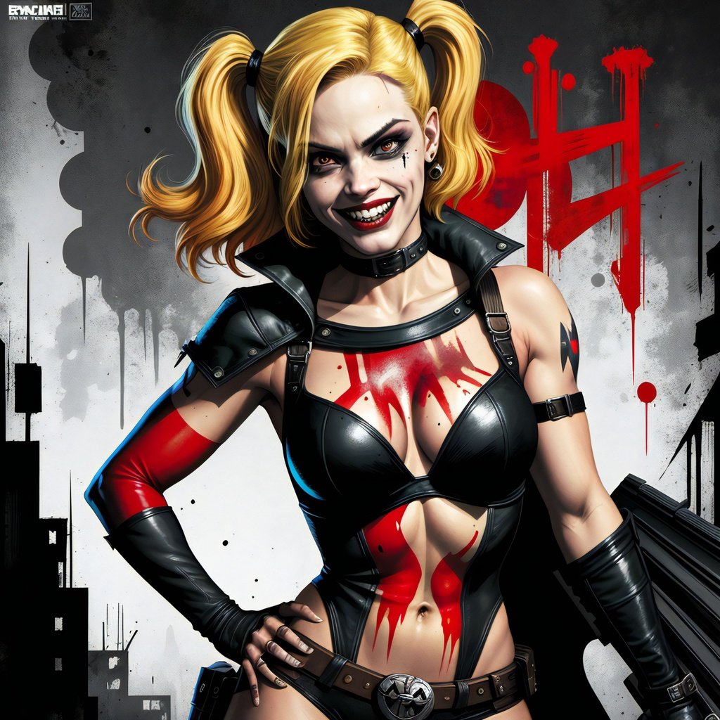 Prompt: official art, Rafael Albuquerque's highest quality comic cover line art illustration of Harley Quinn, blonde hair, gotham city, manic grin, 1970s punk-nouveaux-gothic aesthetic, style of DC Comics, cinematic, epic composition, inked-art