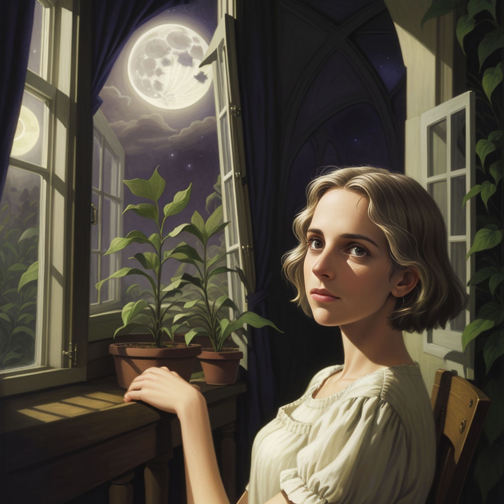 Prompt: highest quality, contemplative woman astronomer, quizzical look, lush surroundings, greenhouse, plants, moonlight, magic realism, official art, illustration by Chris Van Allsburg, ultra sharp