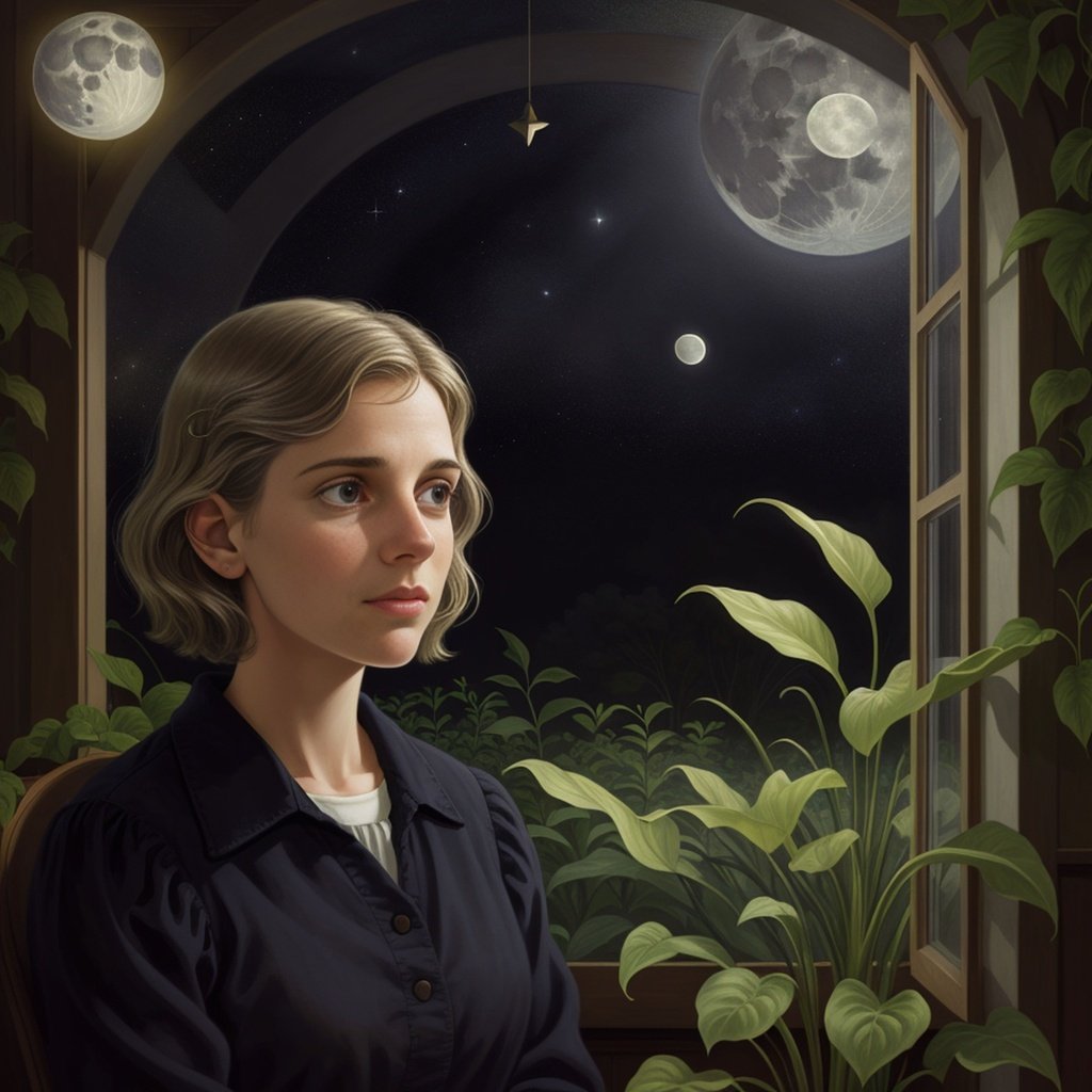 Prompt: highest quality, contemplative woman astronomer, quizzical look, lush surroundings, greenhouse, plants, moonlight, magic realism, official art, illustration by Chris Van Allsburg, ultra sharp