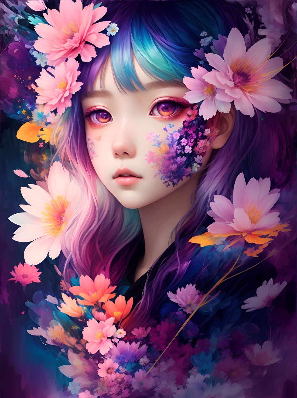 Prompt: ambient light, masterpiece, ultra-high quality, (ultra detailed original illustration), (1girl, upper body), ((Harajuku fashion)), ((flowers with human eyes, flower eyes)), double exposure, fusion of fluid abstract art, glitch, (2d), (original illustration composition), (fusion of limited color, maximalism artstyle, geometric artstyle, butterflies, junk art)
