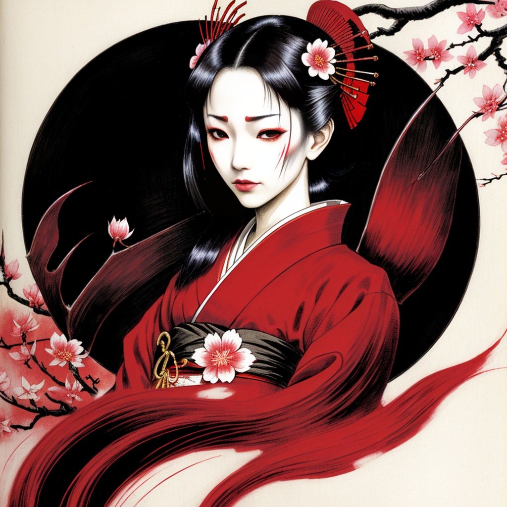 Prompt: Geisha, red kimono, cherry blossoms, looking down, sad, grim, menacing, illustration by Yoshitaka Amano, wispy lines, vibrant colour, highest quality, official art, ultra sharp, style of Vampire Hunter D
