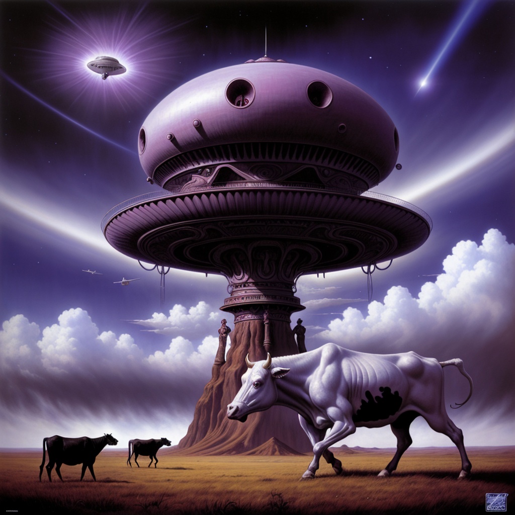 Prompt: A beautiful ufo abducting a cow from a field, highest quality illustration by Wayne Barlowe, ultra sharp, official art