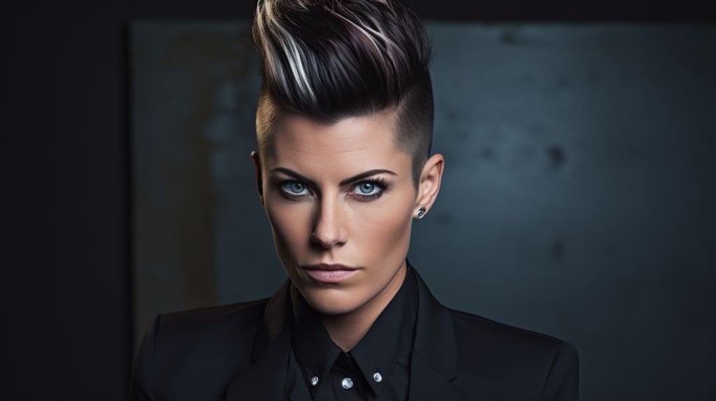 Prompt: handsome transgender female to male individual, with blue eyes and a side angle shot. He has a side hair fade which leads up to a pompadour hairstyle. He has jet black hair, greased, and styled for a professional photoshoot in a hair cutting salon. The background is edgy and makes the hair style pop. He is also wearing a black leather jacket slightly pulled out to look cooler and more trendy, along with a white shirt underneath. The face is narrow and clean shaven --ar 16:9 --q 2 --upbeta