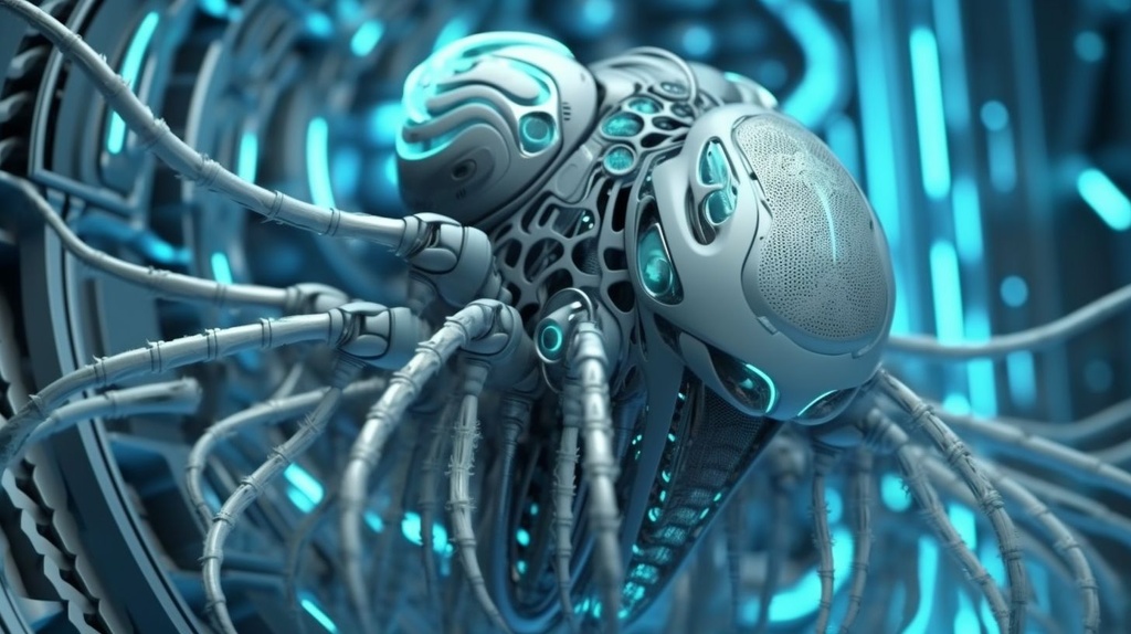Prompt: ea model of an intricate squid with a computer art style, in the style of mechanized abstraction, spherical sculptures, gray and cyan, made of insects, intense close-ups, industrial machinery aesthetics, rendered in cinema4d