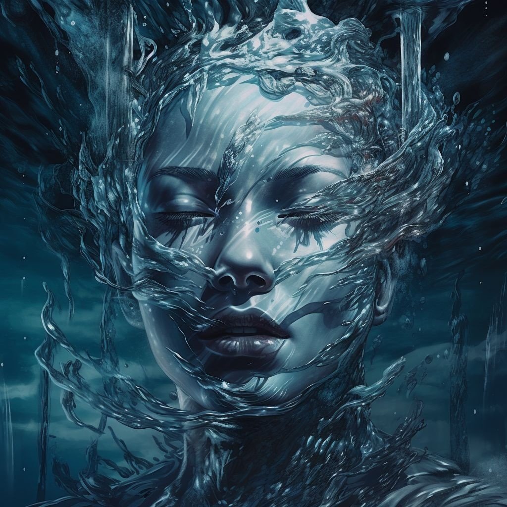 Prompt: digitally abstract artwork of a female figure under water, in the style of melting, elegant, emotive faces, hyper-detailed illustrations, dark white and light blue, three-dimensional effects, soft lines and shapes, dark fairy tales