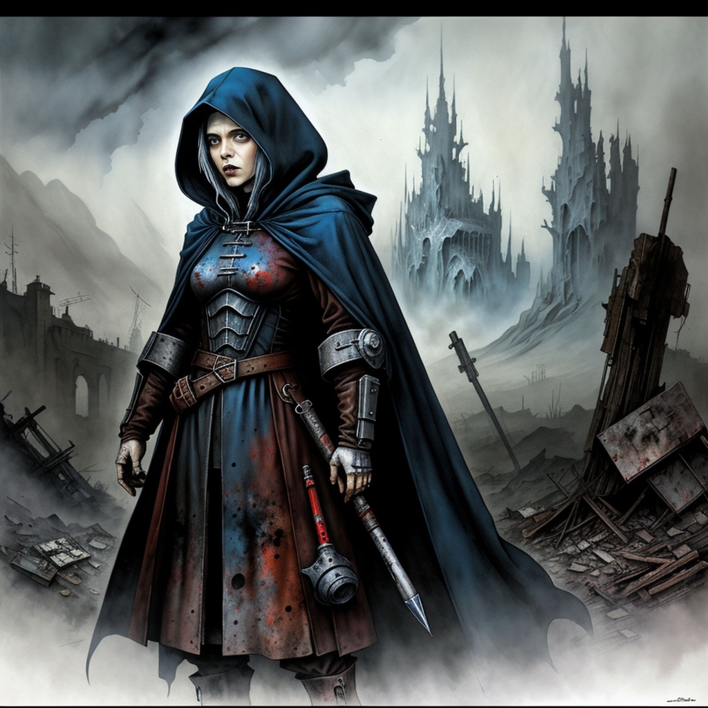 Prompt: Enki Bilal's pen and colour ink wash line art painting depicting a Beautiful apocalyptic woman in hooded cloak, highest quality, soft airbrushed artwork, official art, sci-fi post apocalyptic aesthetic, album artwork