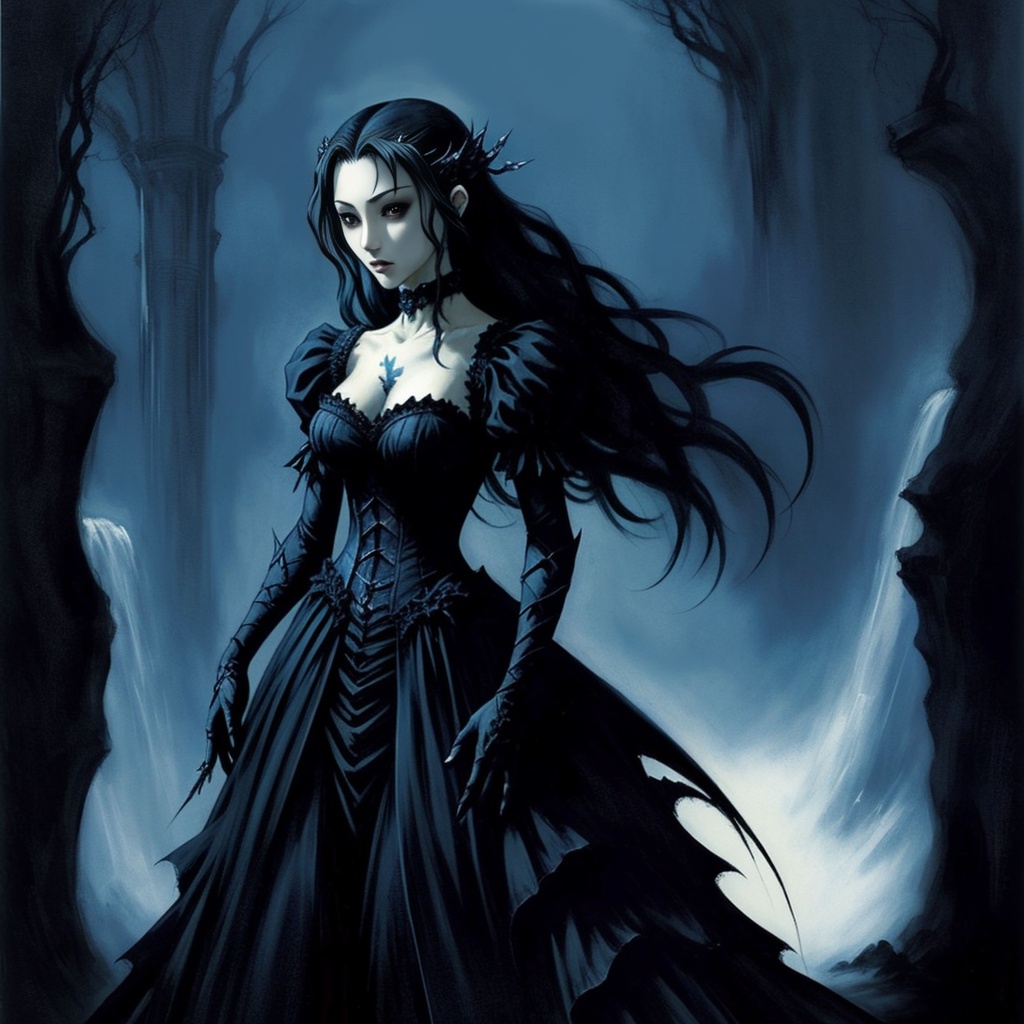 Prompt: Yoshitaka Amano's painting depicting a beautiful gothic woman wearing a black long dress, yoshitaka amano character design, style of Vampire Hunter D, style of Final Fantasy, wispy lines, vibrant colour, highest quality, official art, featured on amiami, promotional artwork