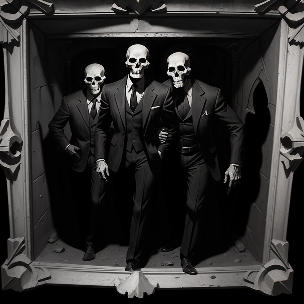 Prompt: Official art. Austin Briggs's highest quality painting: "Deep in the Crypt of Skulls". Black and white paint, Brooklyn Museum, round-cropped, matte coloring
