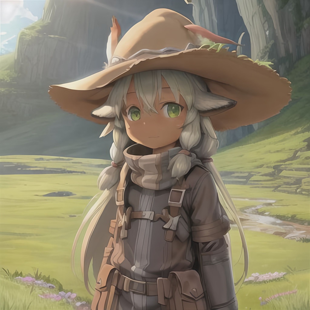 Prompt: (high detail), (wide shot), illustration, Small tanned boy wearing made in abyss explorer gear, portrait, morning lighting, standing in underground grass field, frontal view, made in abyss art style