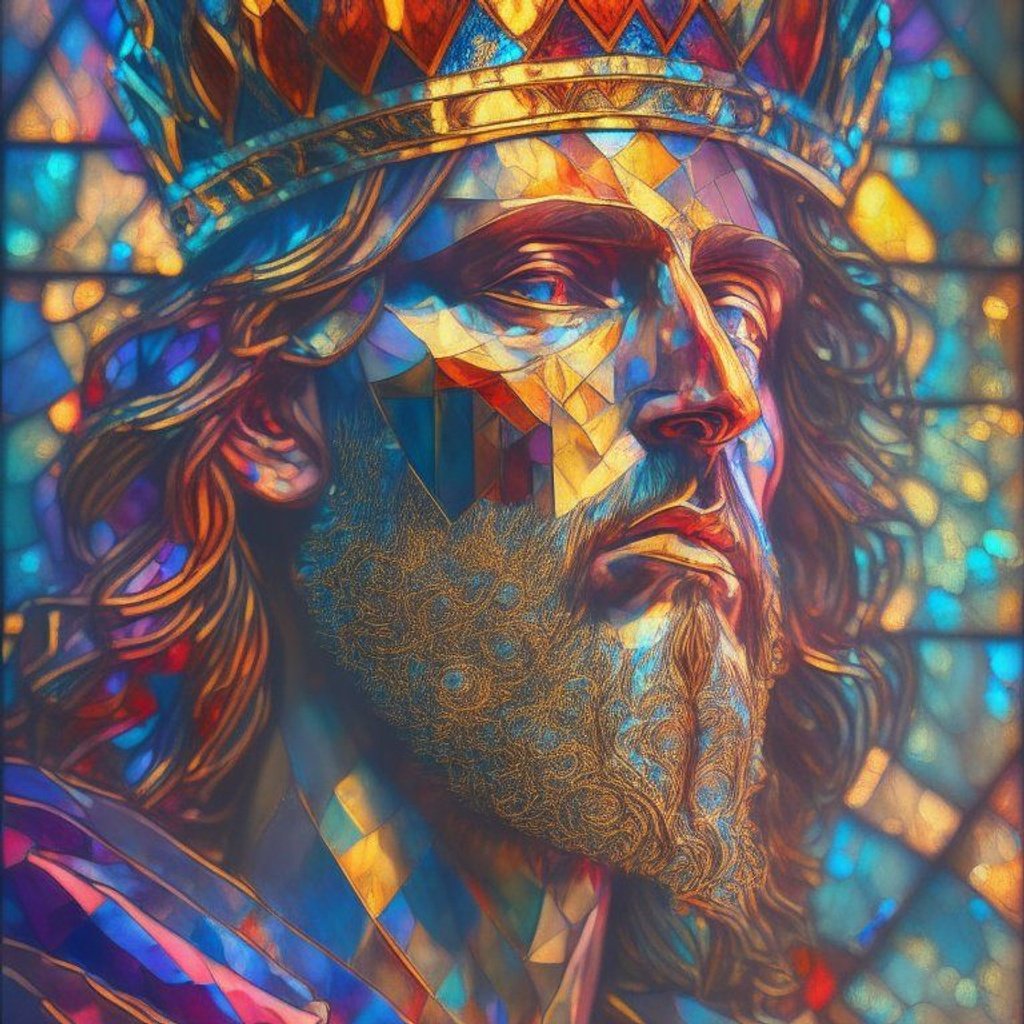 Prompt: a (stained glass:1.8) portrait of a ((King solomon 1.1)), crown,light particles, godrays, beautiful, Koh-i-noor diamond, overgrown, detailed scales, digital painting, masterpiece, vibrant, multicolored, cinematic lighting, 8k, digital painting, trending on artstation, gold, reflection, centered, bloom
