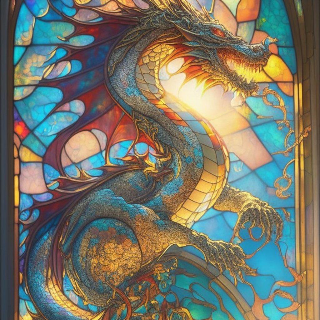 Prompt: a vibrant stained glass art piece of one Chinese dragon, Rays of sunlight shine through the window, ((Tiffany style)), day lighting, intricate, elegant, dynamic pose, highly detailed, highest quality, 8k, digital painting, sharp focus, cinematic, ultra-high resolution, (brightful colors), <lora:more_details:0.6> <lora:add_detail:0.7>