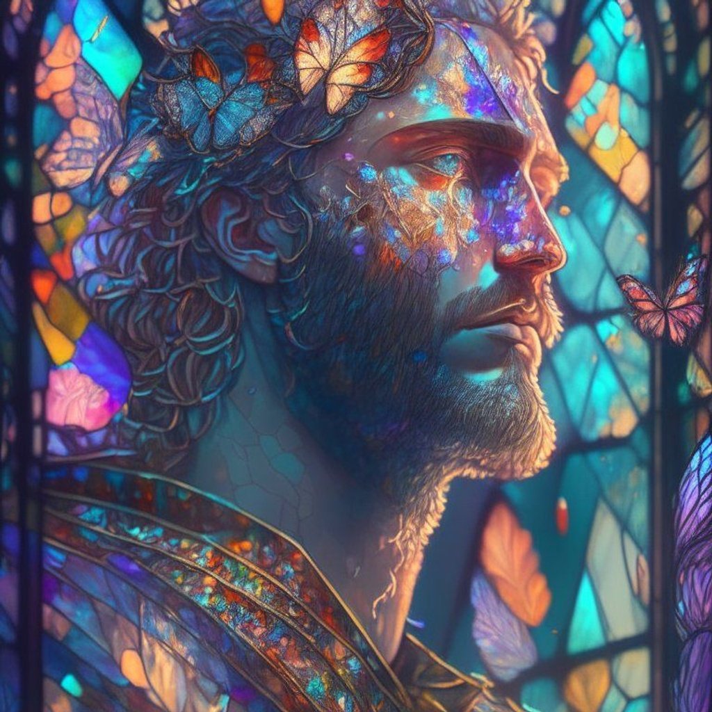 Prompt: a (stained glass:1.8) portrait of an ((king cyrus:1.1)), light particles, godrays, beautiful, flora, overgrown, detailed scales, digital painting, masterpiece, vibrant, multicolored, cinematic lighting, 8k, digital painting, trending on artstation, butterflies, reflection, centered, bloom
