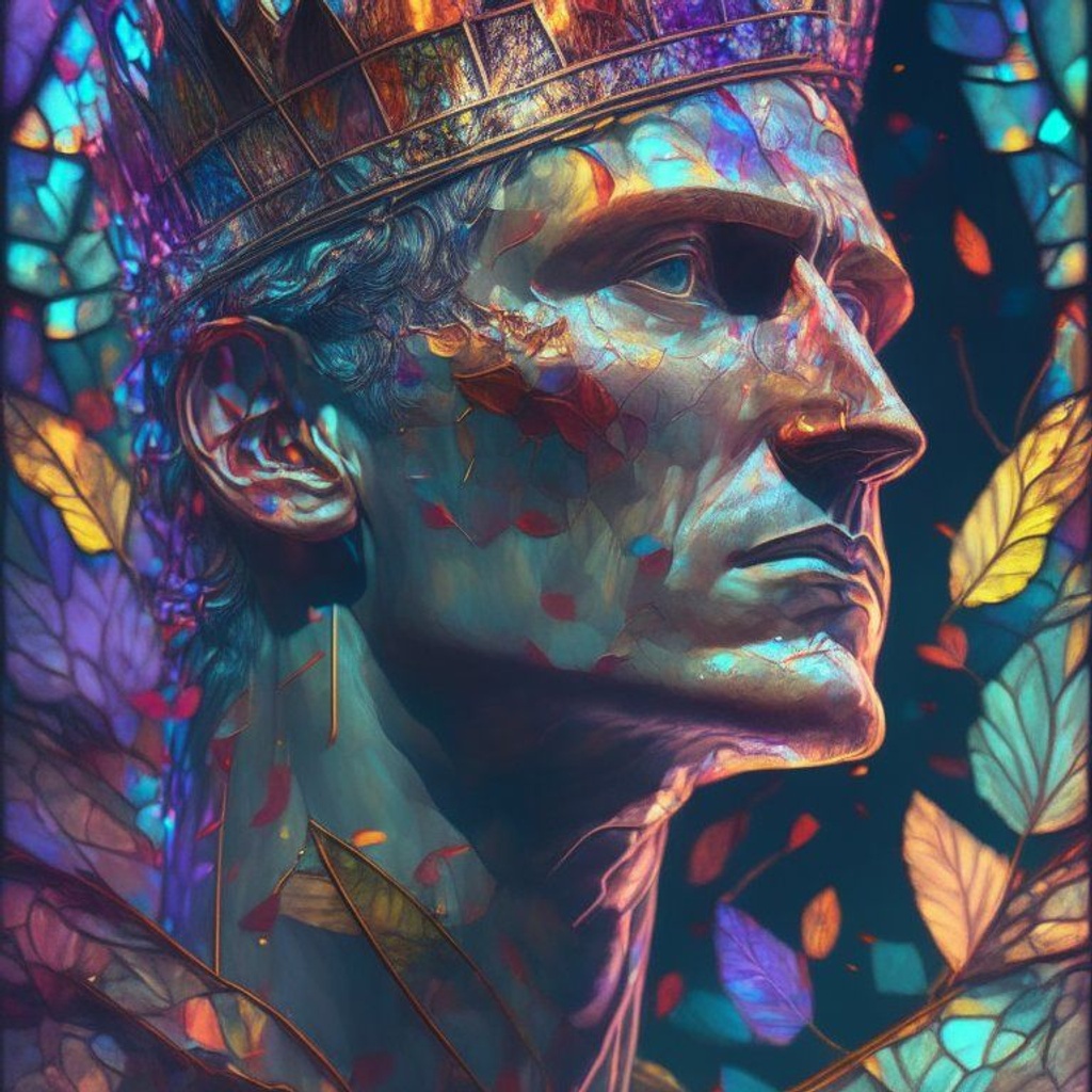 Prompt: a (stained glass:1.8) portrait of an ((Julius Caesar:1.1)), crown,light particles, godrays, beautiful, flora,crown overgrown, detailed scales, digital painting, masterpiece, vibrant, multicolored, cinematic lighting, 8k, digital painting, trending on artstation, butterflies, reflection, centered, bloom