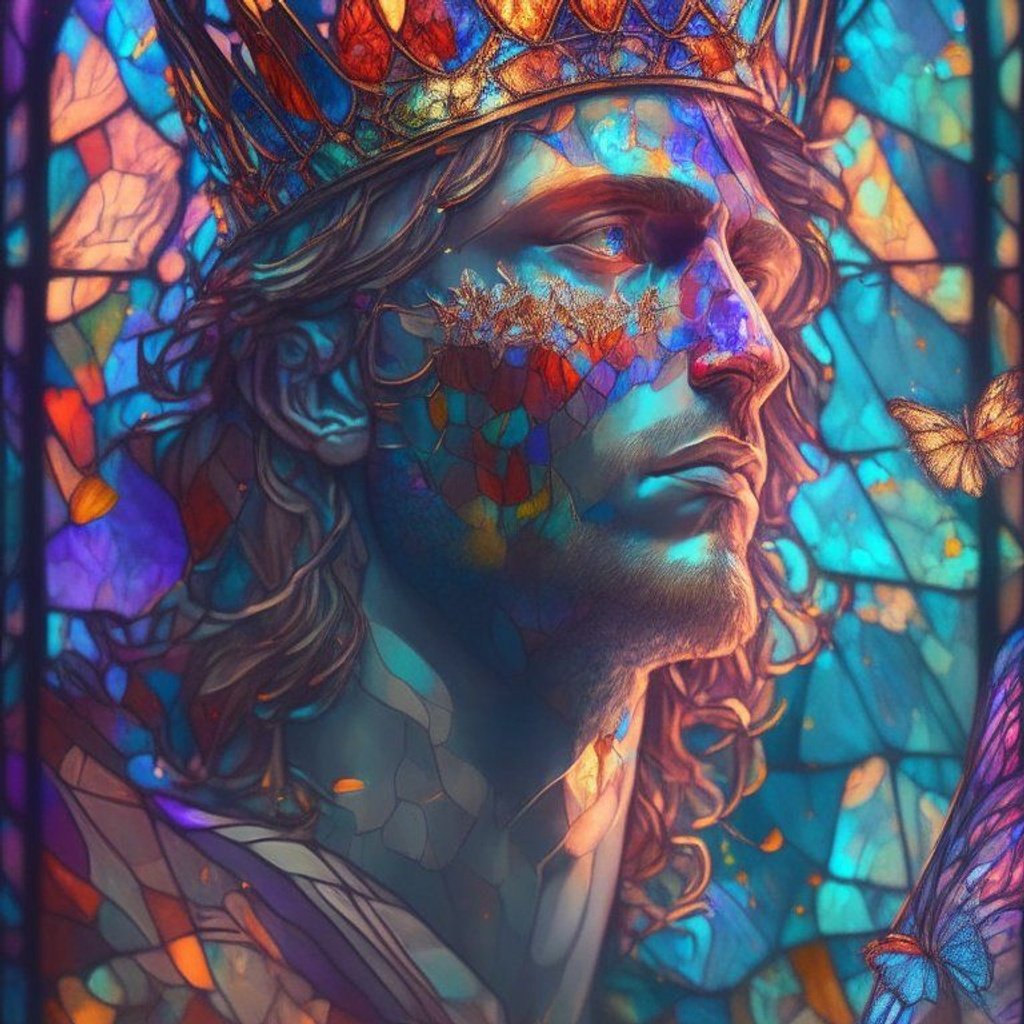 Prompt: a (stained glass:1.8) portrait of an ((King solomon 1.1)), crown,light particles, godrays, beautiful, flora, overgrown, detailed scales, digital painting, masterpiece, vibrant, multicolored, cinematic lighting, 8k, digital painting, trending on artstation, butterflies, reflection, centered, bloom