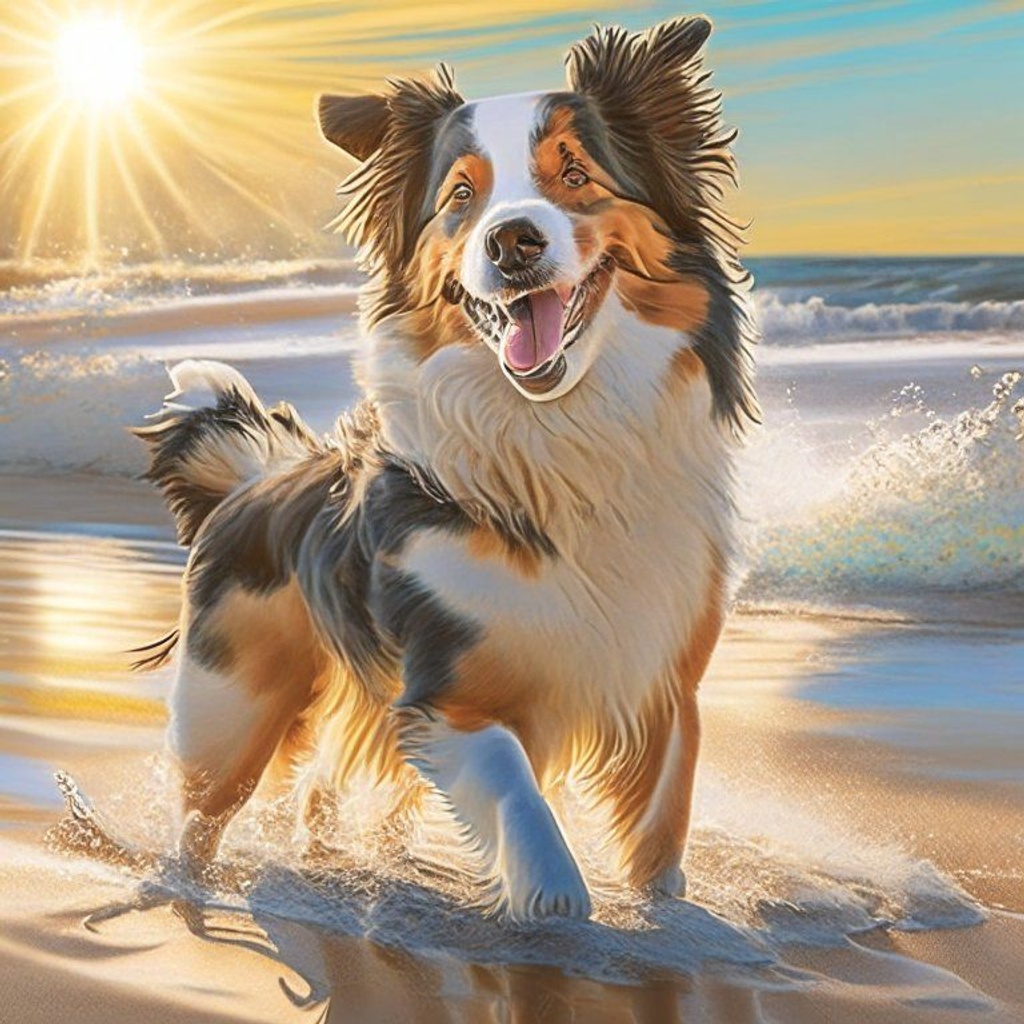 Prompt: "Sunny Shores, Lively Paws: Join the Australian Shepherd on a Beach Escapade, its Shimmering Coat Reflecting the Sunlight, as it Leaves Paw Prints on the Warm Sand."