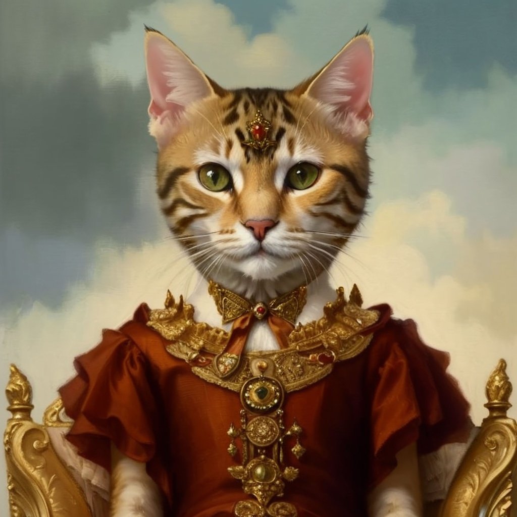 Prompt: A portrait of cat as a king sitting on a throne, cute, highest quality painting in the style of Edwin Austin Abbey, ultra sharp, oil on canvas. Official art, still image from tv series, year 1920, detail, trending on artforum, 19th, captures emotion and movement
