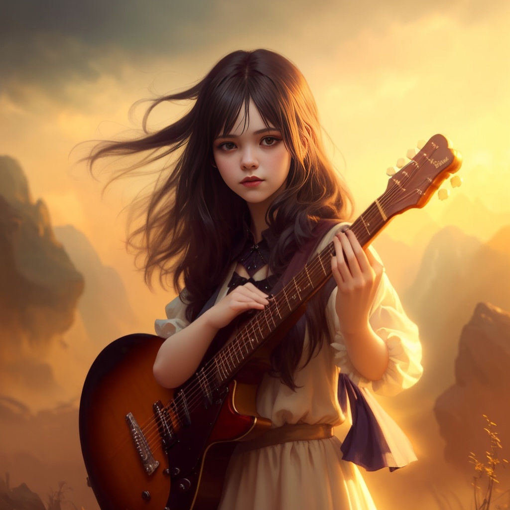 Prompt: goth girl playing a fender guitar, close-up portrait, goth outfit, powerful, elegant, volumetric lighting, scenery, painting, highly detailed cgsociety, artstation hq, sharp focus, illustration, Ruan Jia, Maxfield Parrish, featured on illustrationx, juno promotional image, in liminal space