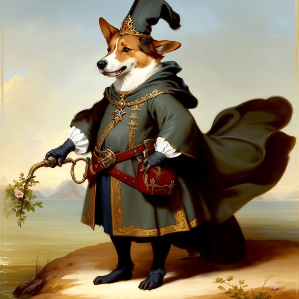 Prompt: A beautiful fantasy artwork. A corgi mage wearing a beautiful and intricate robe, official sks fantasy art. Detail. Andreas Achenbach's best new color-key painting. Oil on canvas. Highest quality, painterly lighting, soft lighting, artforum, home page screenshot, splash image, listing image