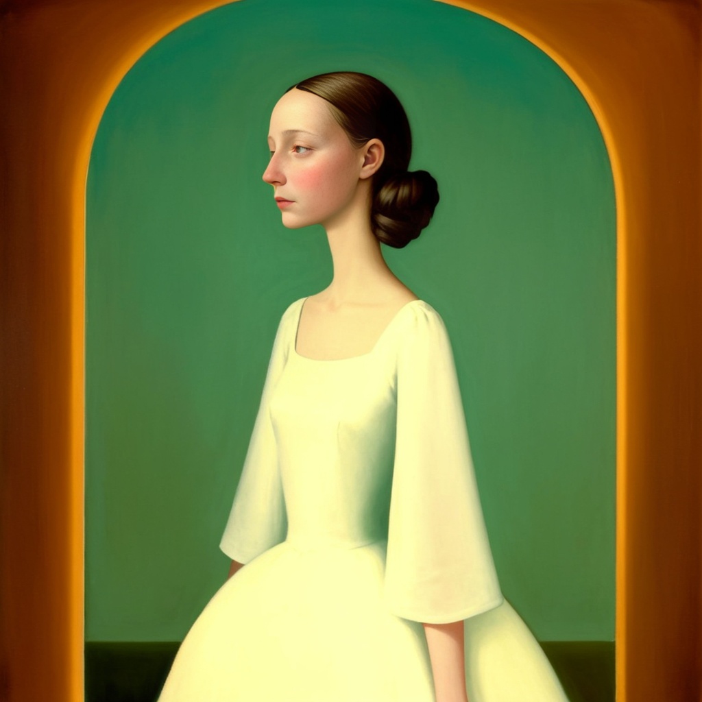 Prompt: highest quality official art, a woman wearing a dress with a billowing skirt and long, flowing sleeves, Gertrude Abercrombie's best new painting, haunted and sad expression, in a surreal dream landscape, brightly lit blue room, oil on canvas, images on the sales website, on textured base; store website, 600 mm, circa 1940s, artstation hq, promotional image