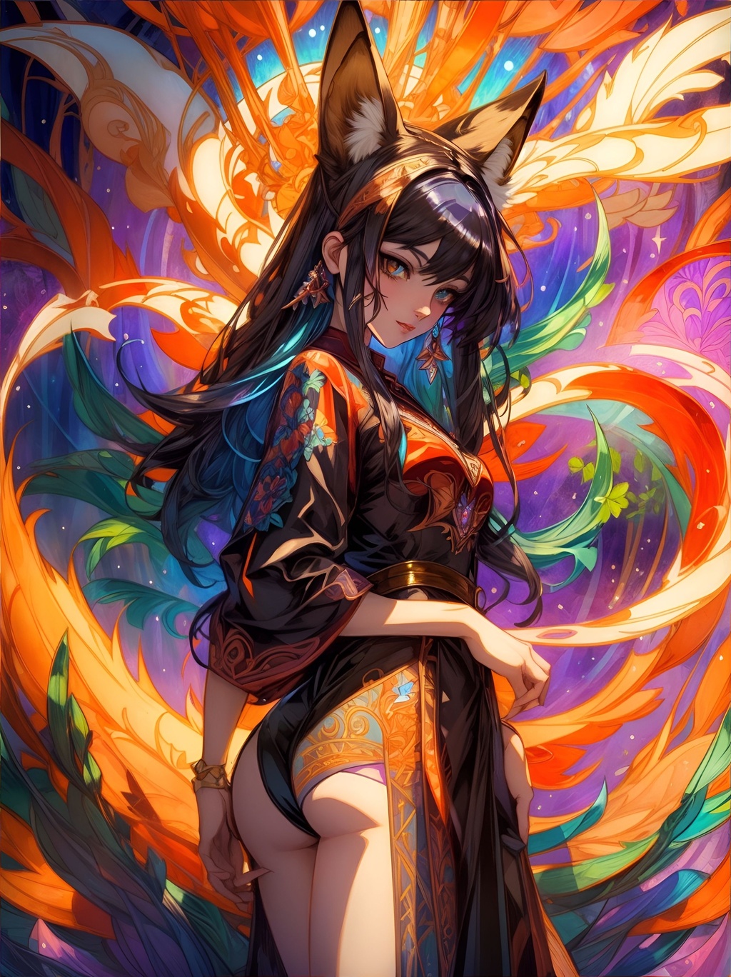 Prompt: (masterpiece), full length shot of a fox girl with nine-foxtails, (stained glass illustration:1.5), detailed symmetric beautiful hazel eyes, detailed gorgeous face, (frame the head), perfect anatomy, very cute, dynamic pose, best quality, dramatic lighting, The artwork should be centered, stylized and elaborate, render,