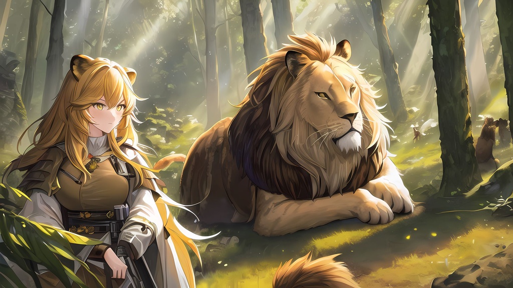 Prompt: ((best quality)), ((illustration)), ((masterpiece)), ((upper body)) digital portrait, cavewoman, cave, 1girl, Siege, Arknights, yellow hair, primitive costume, animal fur costume, lion fur costume, primitive costume, lion fur outfit, lion fur jacket, lions, surrounded by lions, green background, forest, light