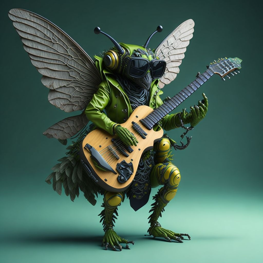 Prompt: anthropomorphic honeybee is playing guitar, full body, two wings, intricate, green jacket,sun glasses,elegant, highly detailed,high quality,realistic