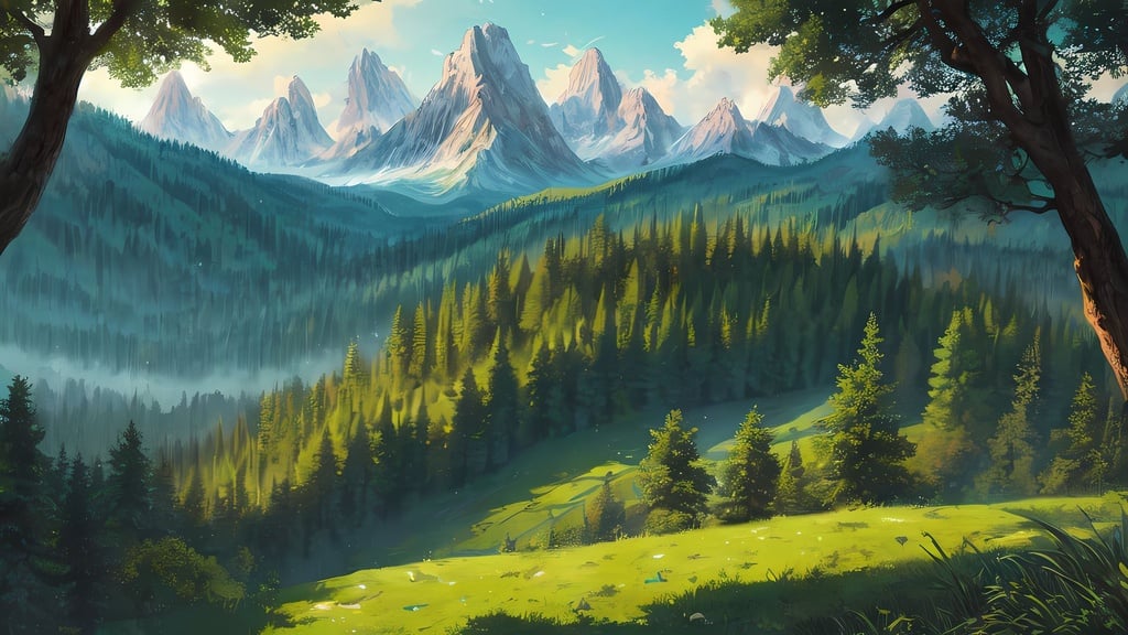 Prompt: ((best quality)), ((illustration)), ((masterpiece)), ((upper body)) landscape, 1920x1080, green background, forest, trees, mountains, mountainscape