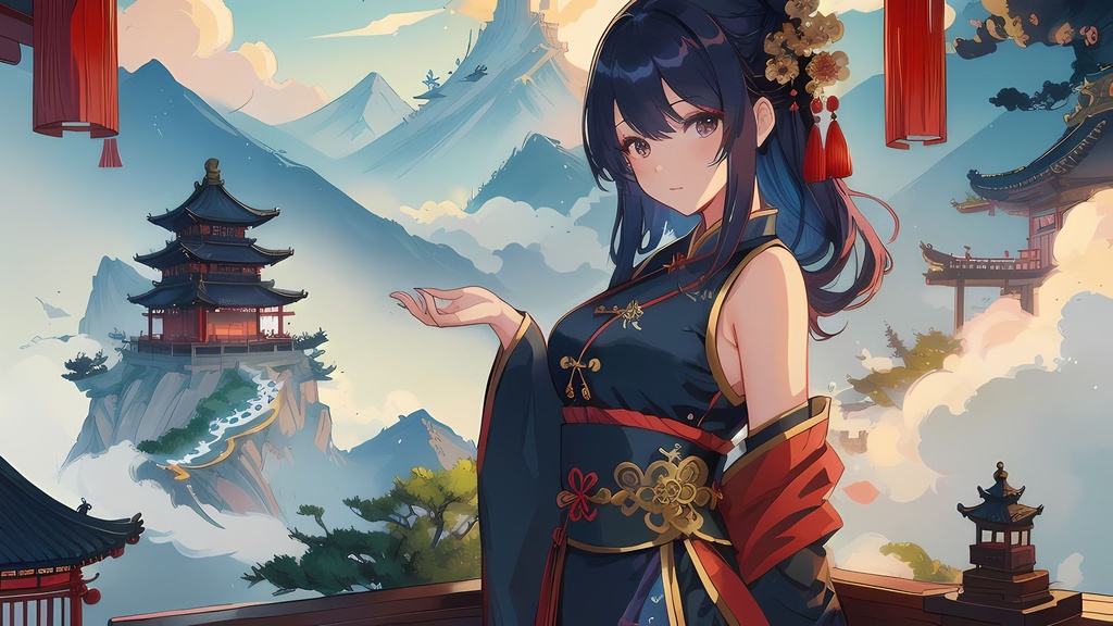 Prompt: <lyco:Dreamwave v2L:1>, ((best quality)), ((illustration)), ((masterpiece)), fantasy, 1 girl, dark blue hair, Chinese temple, Chinese traditional costume, thick fog, bonsai trees, mountain peak