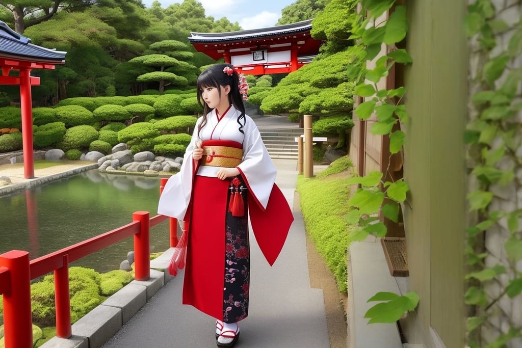 Prompt: a woman dressed as a shrine maiden, Japanese temple, temple grounds landscape