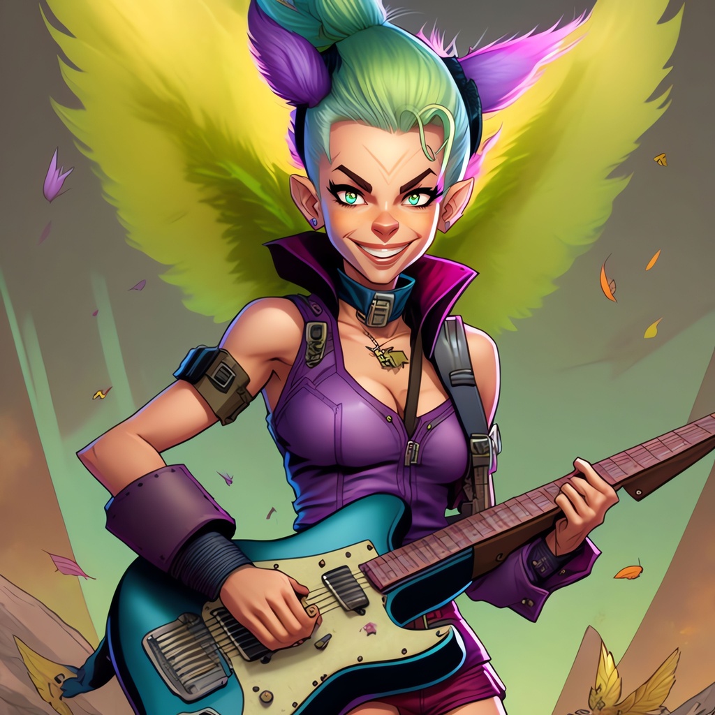 Prompt: punk Tinkerbell playing guitar, by Rafael Albuquerque, comic cover art, as illustrated in top cow comics, desaturated and muted colors, art for the fool tarot card