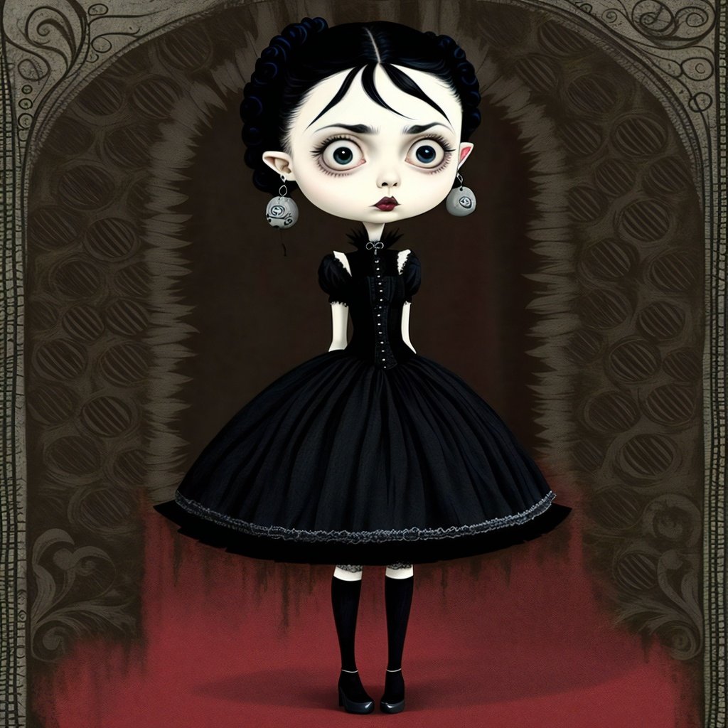 Prompt: highest quality goth girl by Tim Burton and Edward Gorey, caricature, cartoon style, ffffound, lossless