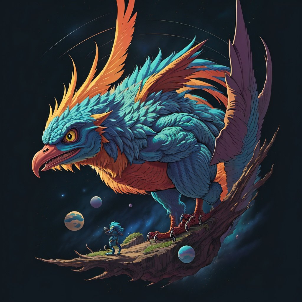 Prompt: photo of a quetzal monster in the space, highest quality, style of laurie greasley, studio ghibli, akira toriyama, james gilleard, genshin impact, trending pixiv fanbox, smooth, sharp focus, highly detailed, trending on artforum, artstation hq, behance hd