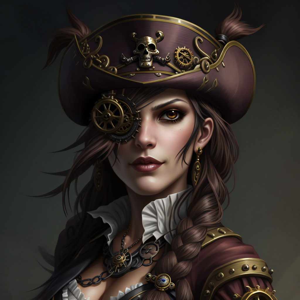 Prompt: steampunk pirate woman, ultra sharp, highest quality, highly detailed, smooth, sharp focus