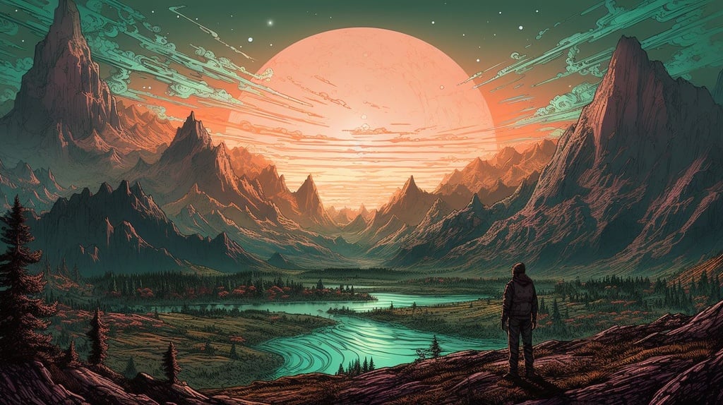 Prompt: a person outdoors with the planet in his hands, in the style of dan mumford, romantic landscape vistas, alan bean, panorama, 2d game art, multicolored landscapes, rafał olbiński
