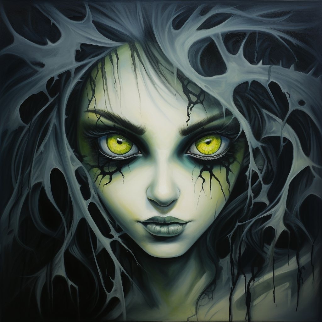 Prompt: a drawing of a young zombie female with eye makeup, in the style of large canvas paintings, airbrush art, lisa parker